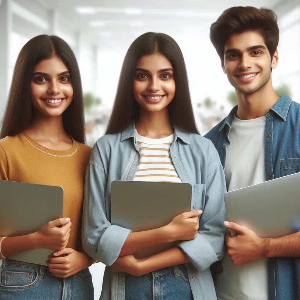  3 student holding laptop