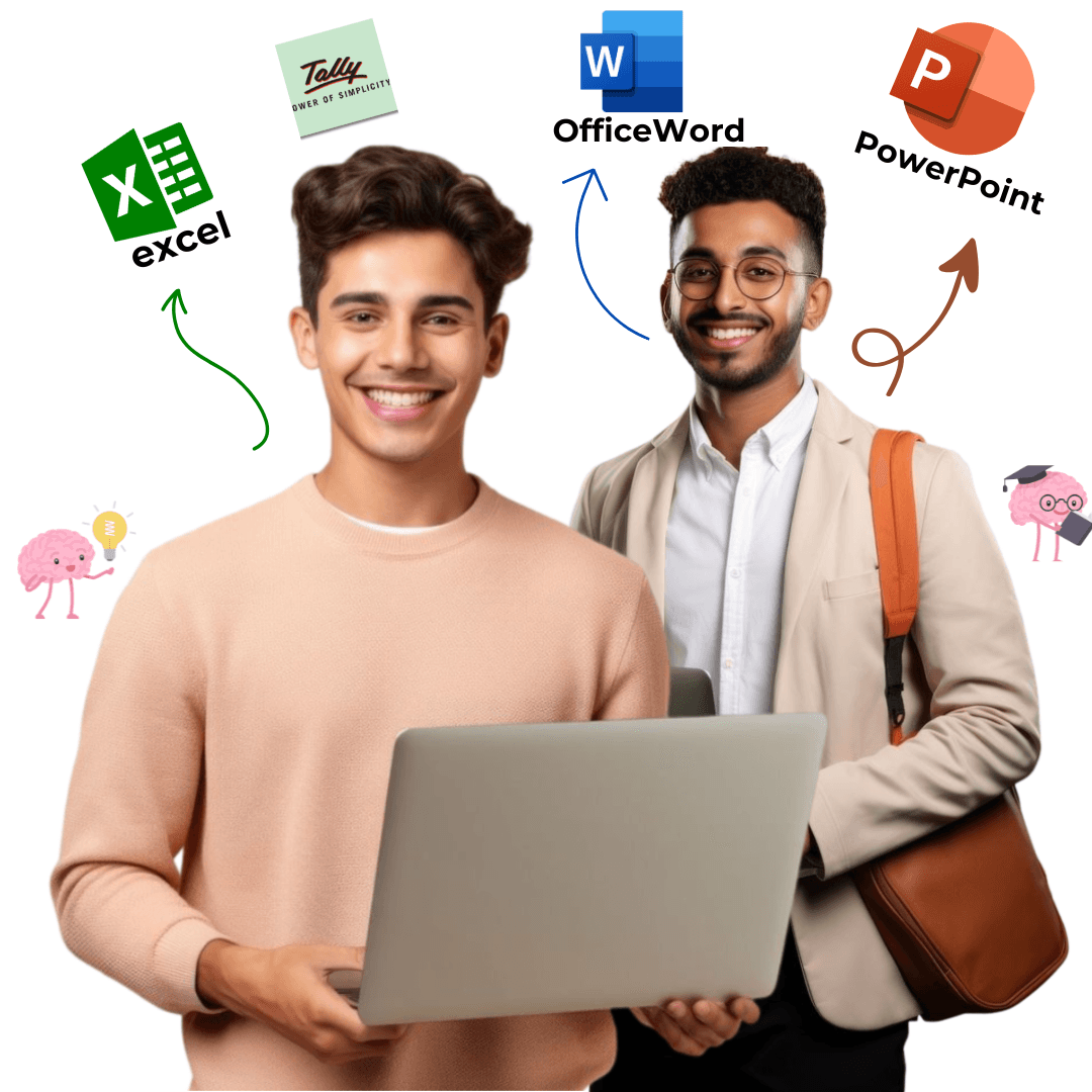 students holding laptop and showing that they learn computer